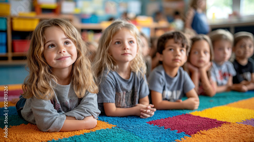 Group of young children, around 5 years old, sitting attentively on a colorful classroom carpet, with a focus on two blonde girls in the front, smiling and looking up.

