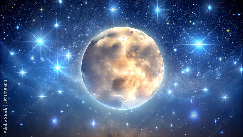 Fantasy Starry Sky with Glowing Moon and Stars, Cosmic Landscape Fantasy Starry Sky with Glowing Moon and Stars, Cosmic Landscape