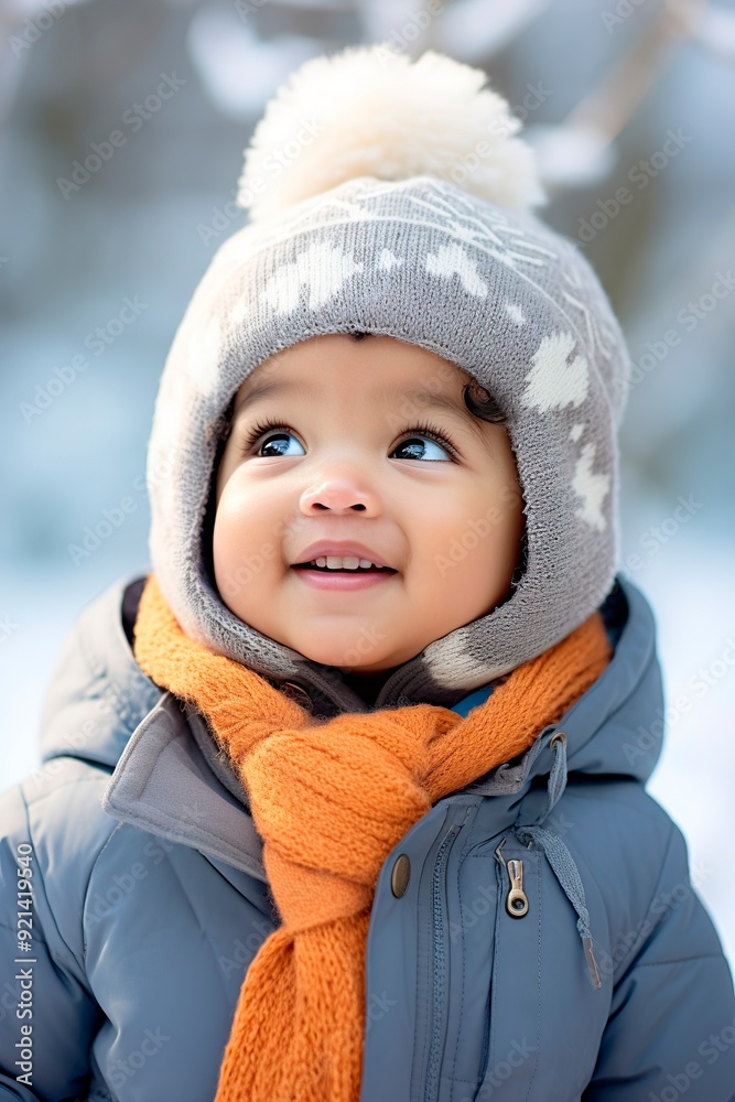 Casual cute portrait of Latin baby wearing winter outfit with snowy landscape as background Casual cute portrait of Latin baby wearing winter outfit with snowy landscape as background