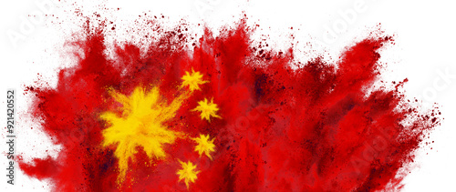 colorful flag of china with yellow stars on red color holi paint powder explosion isolated on white background. industrial gigant travel and tourism concept.