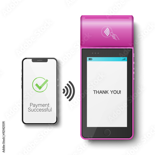 Vector 3D Realistic NFC Payment Terminal and Smartphone. Successful Payment, Successful Transaction. Payment Machine with Approved Status. Design Template for Bank Payment Contactless Terminal