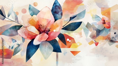 Arte floral abstrata com formas geométricas em aquarela e elementos botânicos photo