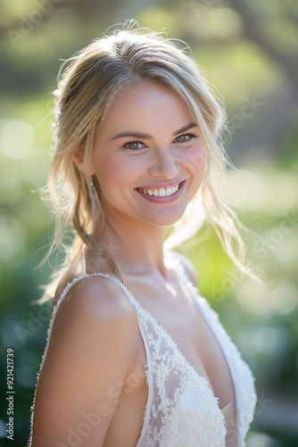 Noiva loira elegante sorrindo lindamente em vestido de noiva branco ao ar livre no dia do casamento