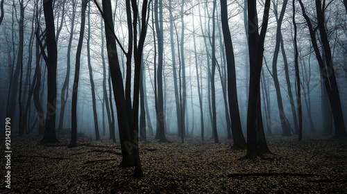 Uma névoa misteriosa envolve uma floresta de árvores sinistras e sem folhas, criando uma atmosfera de intriga e solidão na luz que se põe.