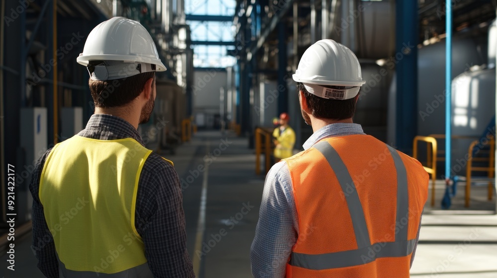 Generate a photo realistic image of inspectors assessing workplace safety barriers, with barrier condition assessments, safety signage, and workplace layout visible Generate a photo realistic image of inspectors assessing workplace safety barriers, with barrier condition assessments, safety signage, and workplace layout visible