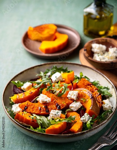 Autumn salad with grilled pumpkin, goat cheese and herbs close up. Seasonal autumn warm salad recipe, vegetarian food.