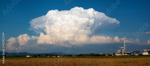 a thundercloud (cumulonimbus) over Grafenau formed into an anvil, Suedzucker factory, Plattling, Lower Bavaria, Germany