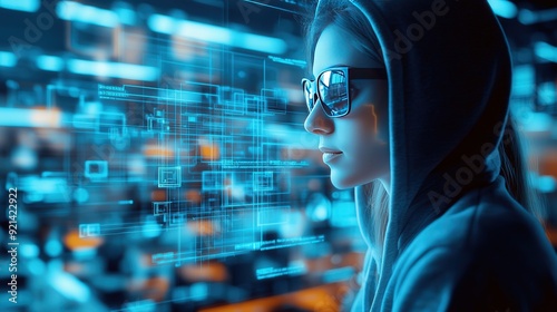 female hacker wearing a hoodie and sunglasses blurred with information technology overlay, data security breakin photo