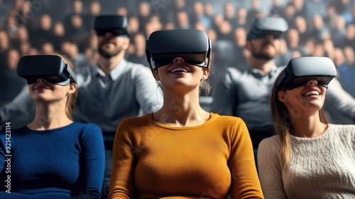 Vr experience female senior business manager woman attend meeting wearing vr virtual glasses standing in autitorium convention hall with crowd of business people background, 