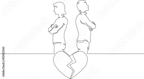 A quarrel between lovers. A man and a woman stand with their backs to each other. A broken heart. Parting. A symbol of love.One continuous line. Line art. Minimum one line. White background. One line
