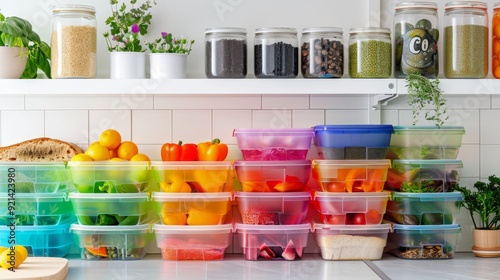 Wallpaper Mural A colorful array of food storage boxes, each labeled with contents and dates, promoting food safety and efficient meal planning. Bright and airy kitchen. Torontodigital.ca