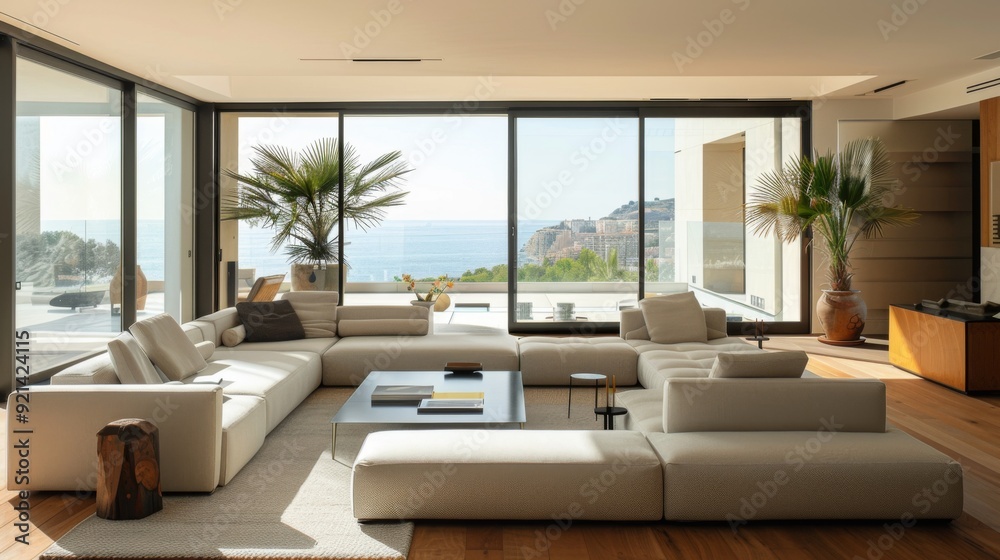 Fototapeta premium A contemporary living area with a modular sofa, sleek furnishings, and floor-to-ceiling windows, showcasing modern design elements.