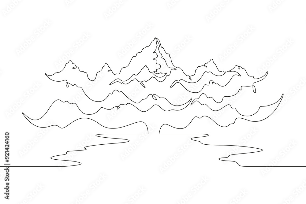 Mountain landscape with a lake. Rocks near the water. Mountain lake. Sea bay.One continuous line. Line art. Minimum one line. White background. One line drawing. Mountain landscape with a lake. Rocks near the water. Mountain lake. Sea bay.One continuous line. Line art. Minimum one line. White background. One line drawing.