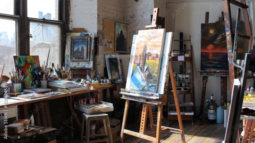 A creative art studio with easels, vibrant paints, and inspiring artwork, providing a perfect space for artistic expression. A creative art studio with easels, vibrant paints, and inspiring artwork, providing a perfect space for artistic expression.