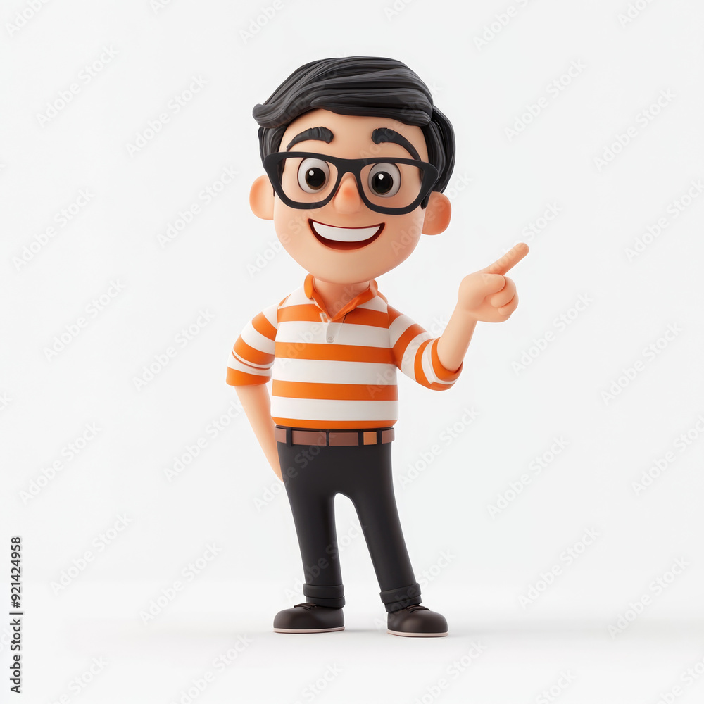 3D cartoon, A smiling male teacher with glasses, is pointing to the right side of his body. on white background 3D cartoon, A smiling male teacher with glasses, is pointing to the right side of his body. on white background