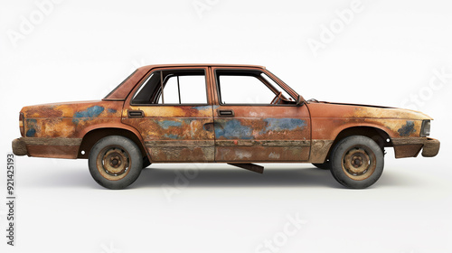 Side view of a rusty, abandoned car on white background, illustrating vehicle decay, weathering, and the passage of time in automotive context.