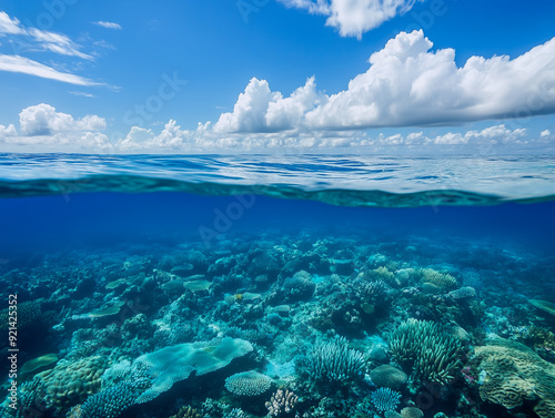 Beautiful split-view of a coral reef and ocean surface under a bright sky. The clear water reveals the richness of marine biodiversity and the calmness of the sea.