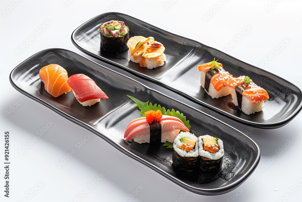 A plate of sushi with a variety of different types of sushi on it A plate of sushi with a variety of different types of sushi on it