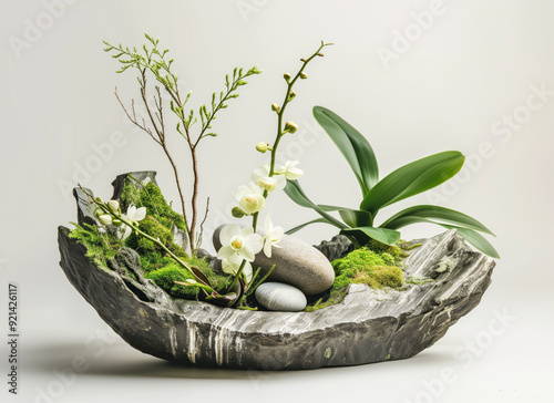 An ikebana rock garden with a large rock in the center and a small rock on the right.