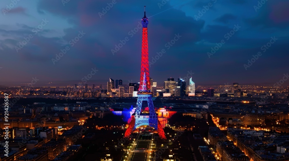 Fototapeta premium The eiffel tower gleaming in the colors of the french flag against the sunset backdrop of paris