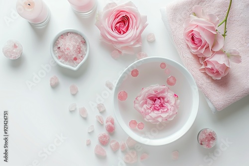 Spa settings with roses. Fresh damask roses and rose petals and various items used in spa treatments. Flat lay, spa and beauty concept.