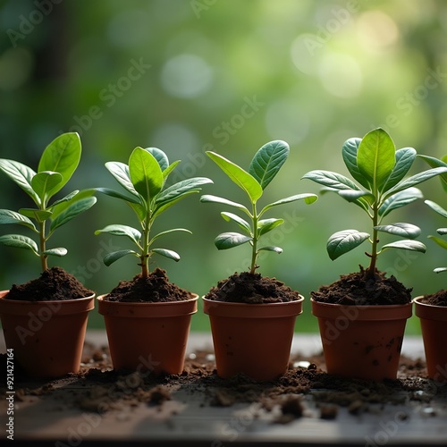 Small potted plants growing in raised bed. Growing vegetable and herb seedlings, close up. 