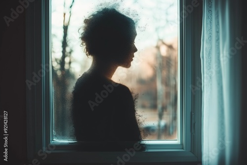 Silhouette of a woman standing in front of a window, with soft light filtering through, creating a moody atmosphere