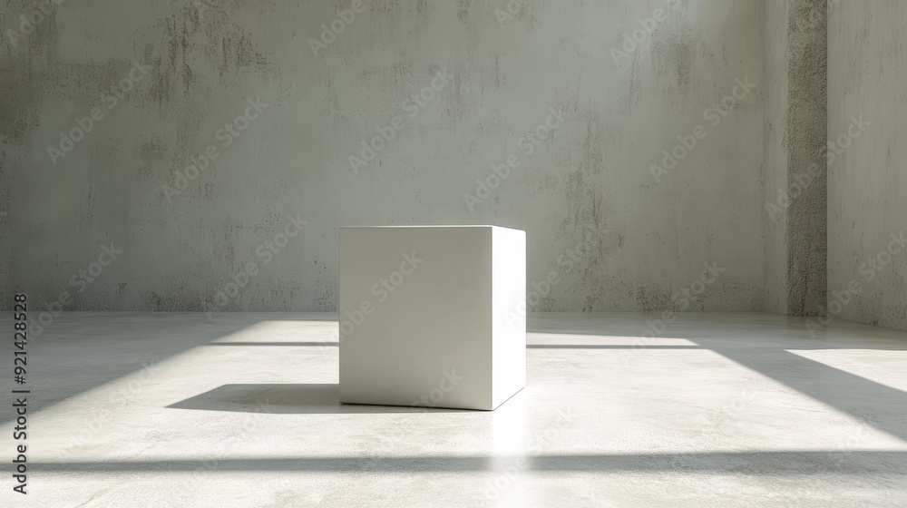 A white cube sits in the center of a room with rough concrete walls and a cement floor. Sunlight shines through the window casting shadows on the floor. A white cube sits in the center of a room with rough concrete walls and a cement floor. Sunlight shines through the window casting shadows on the floor.