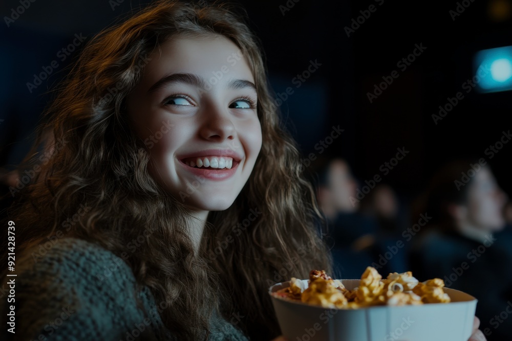 Beautiful Charismatic 15-Year-Old Girl Eating Snacks and Laughing in Cinema Beautiful Charismatic 15-Year-Old Girl Eating Snacks and Laughing in Cinema