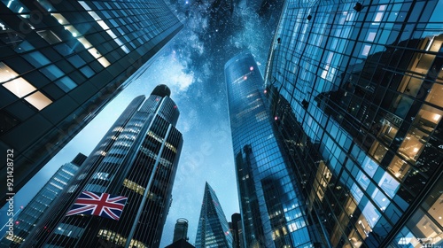 Modern skyscrapers are standing tall against a beautiful night sky with the milky way in london, uk