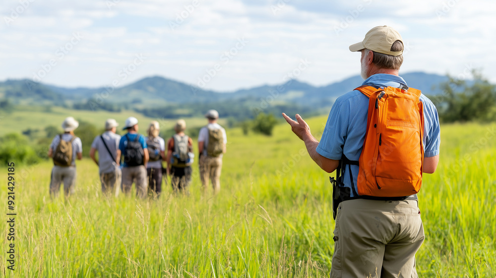 Committed ecotourism guide, leading a small group through a protected wildlife sanctuary, teaching about conservation, ecotourism, environmental education Committed ecotourism guide, leading a small group through a protected wildlife sanctuary, teaching about conservation, ecotourism, environmental education