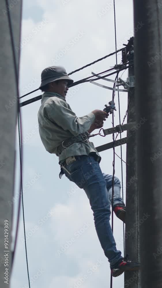 Vietnamese electrician standing on a light pole with a harness repairs electrical cables Vietnamese electrician standing on a light pole with a harness repairs electrical cables