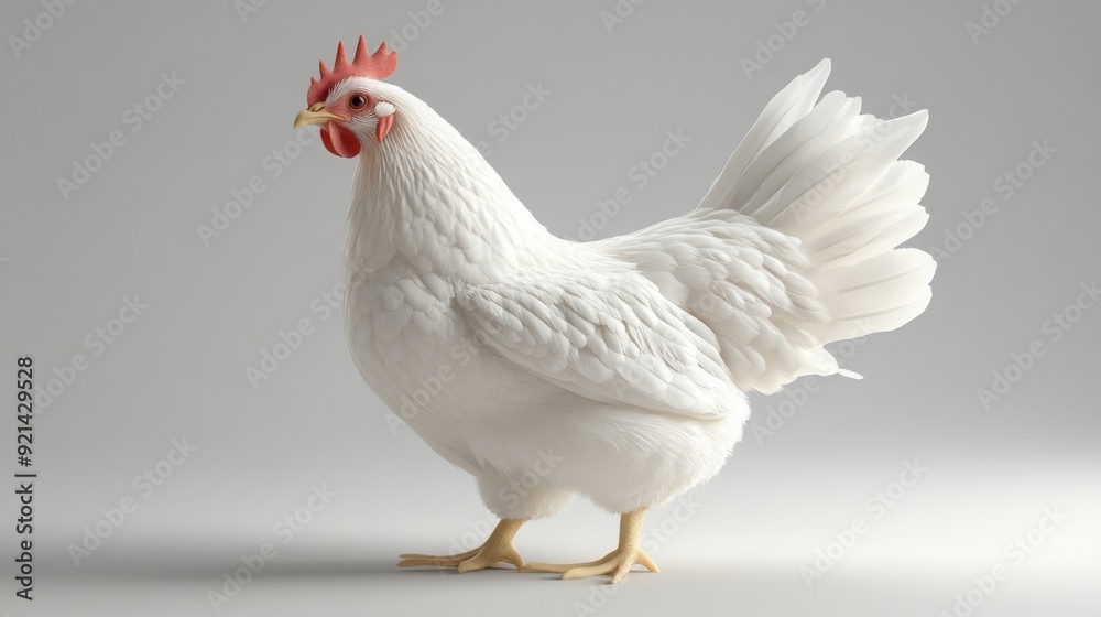 Fototapeta premium A white hen with a red comb and wattle stands on a gray background, facing to the left, with its tail feathers spread out.