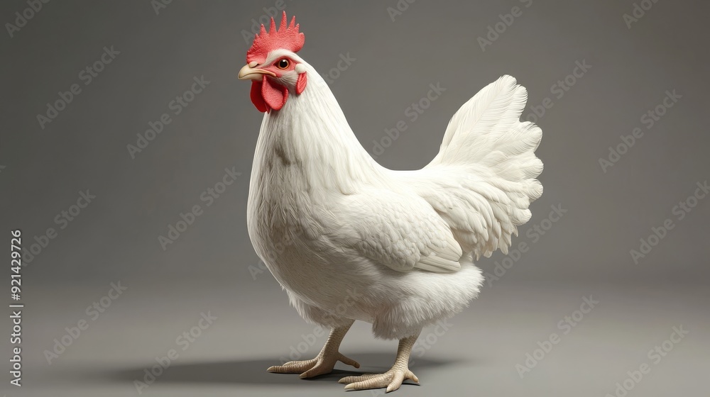 Fototapeta premium A white hen with a red comb stands against a grey backdrop, its feathers fluffed up, and its legs visible.