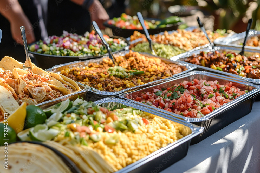 Fototapeta premium Close up of outdoor lunch for festive celebration with fresh salsas, chips, beans, and other platters in trays, Mexican food concept