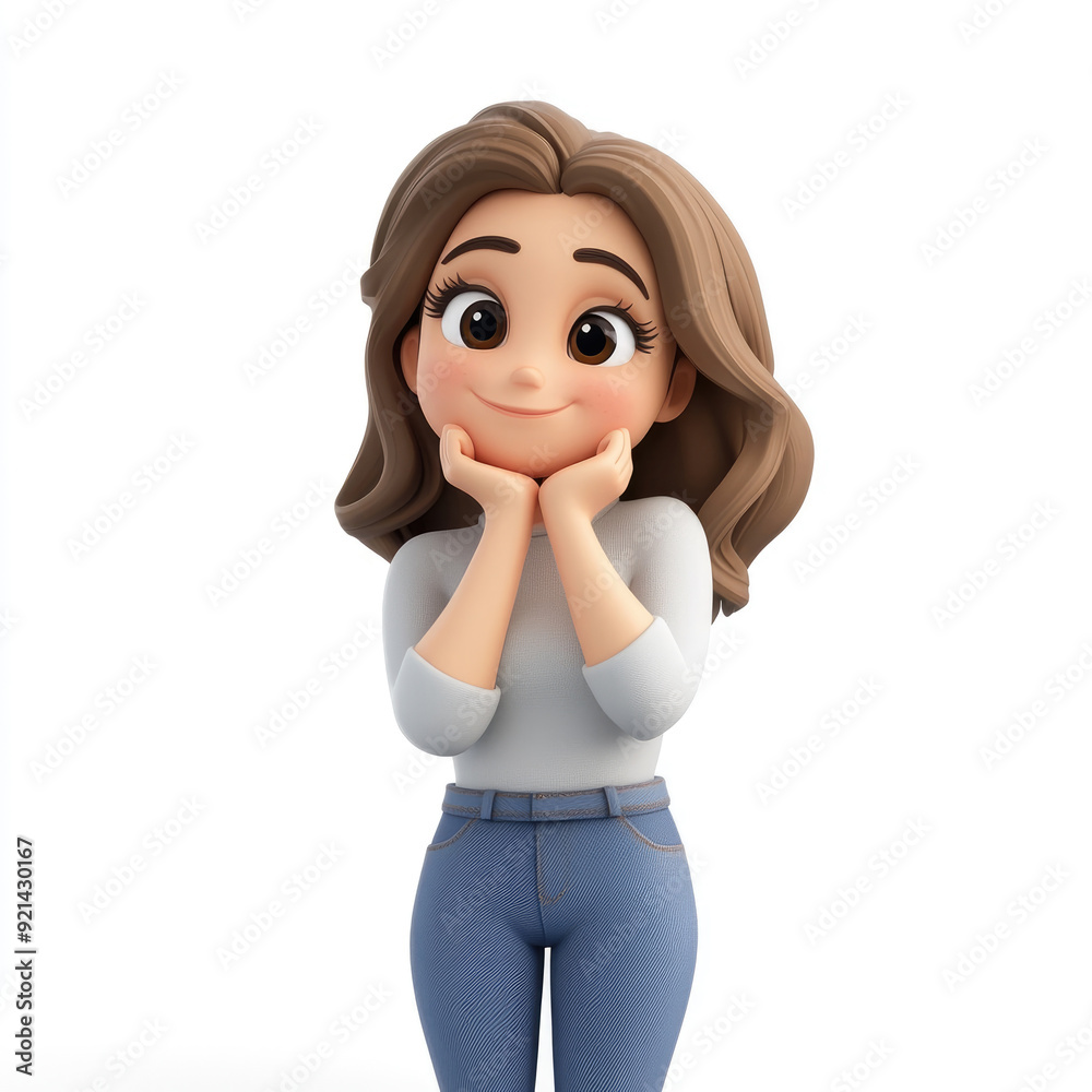3D cartoon, happy young woman thinking with hands on chin. on white background