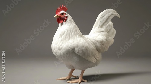 A white rooster with a red comb and wattle stands on a grey background.