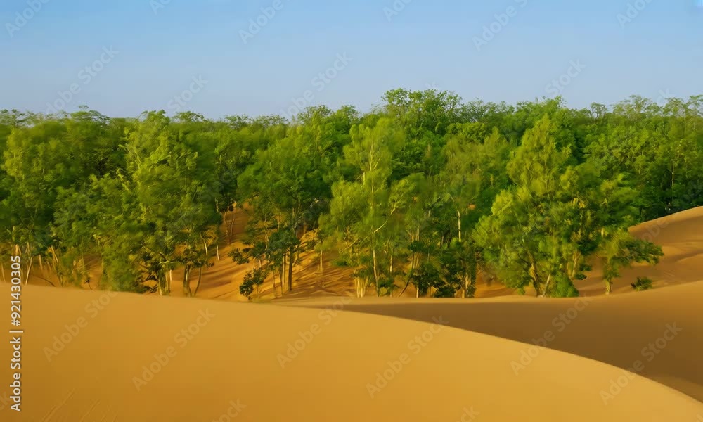 A wide-angle view shows a barren desert transforming into a lush green forest, with trees and grass overtaking the sand dunes under a clear sky A wide-angle view shows a barren desert transforming into a lush green forest, with trees and grass overtaking the sand dunes under a clear sky