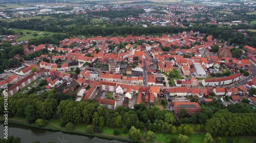 Aerial view of the old town of the city Gardelegen in Germany on a cloudy day in summer	 photo