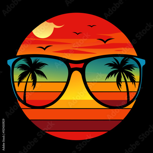 An eye-catching, high-resolution illustration of a pair of retro-inspired sunglasses, with the lenses reflecting a stunning beach scene.