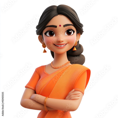 3D cartoon, Indian woman in her late thirties, wearing a saree and chunri. on white background