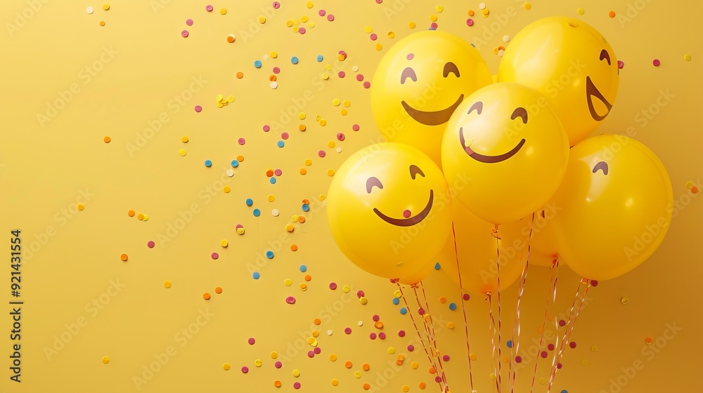 Fototapeta premium Yellow Burst balloons with smiling face and sprinkle inside on colored background. Creative layout. Party concept. Emoji day