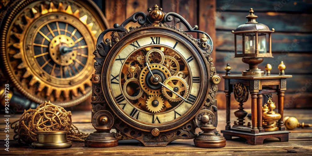 An intricately designed antique clock with Roman numerals and ornate details sits atop a worn wooden table, surrounded by vintage gears and mechanical parts. An intricately designed antique clock with Roman numerals and ornate details sits atop a worn wooden table, surrounded by vintage gears and mechanical parts.