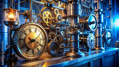 High-precision atomic clock displays accurate time with intricate mechanisms, gears, and dials, symbolizing precision, science, and modern technology in a futuristic laboratory setting.
