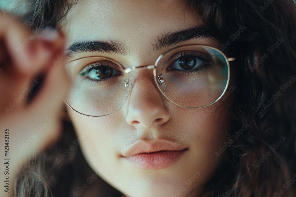 Young Woman with Olive Skin, Dark Eyebrows, and Green Eyes Wearing Round Glasses Young Woman with Olive Skin, Dark Eyebrows, and Green Eyes Wearing Round Glasses