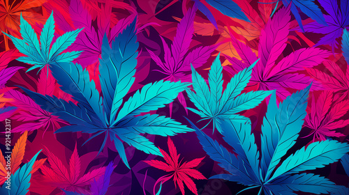 Colorful Cannabis Leaves Abstract Neon Art With Dark Background