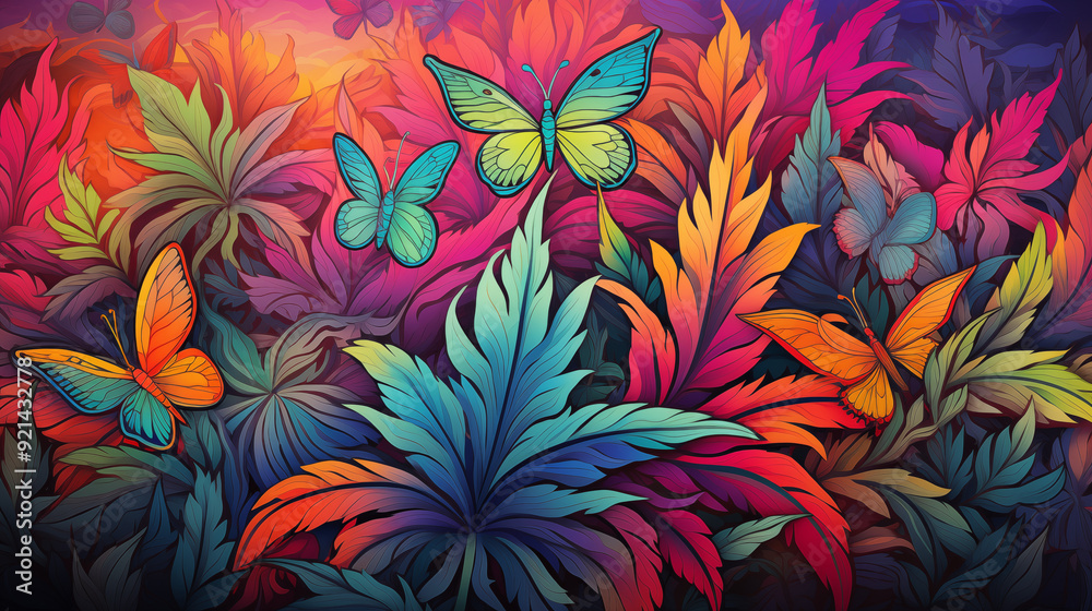 Butterflies Among Vibrant Foliage And Neon-Lit Leaves In A Mystical Forest During Twilight With A Gradient Sky Butterflies Among Vibrant Foliage And Neon-Lit Leaves In A Mystical Forest During Twilight With A Gradient Sky
