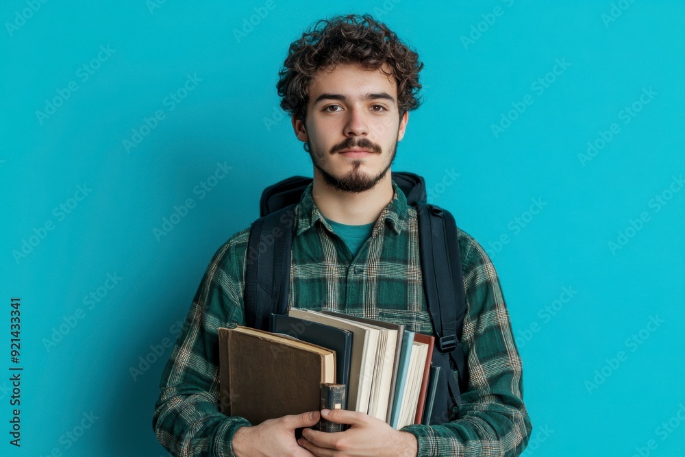 Cute Young Man with Short Curly Hair and Mustache Holding Books and Backpack Cute Young Man with Short Curly Hair and Mustache Holding Books and Backpack