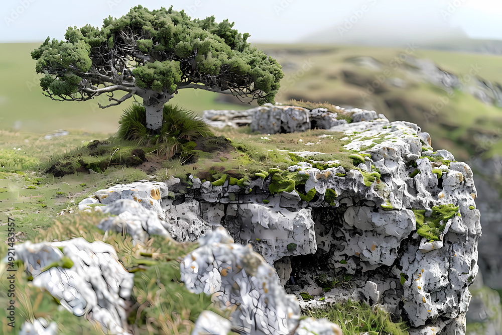A photorealistic tree stands alone atop large white rocks, draped in green moss and grass, surveying the countryside from a high vantage point A photorealistic tree stands alone atop large white rocks, draped in green moss and grass, surveying the countryside from a high vantage point