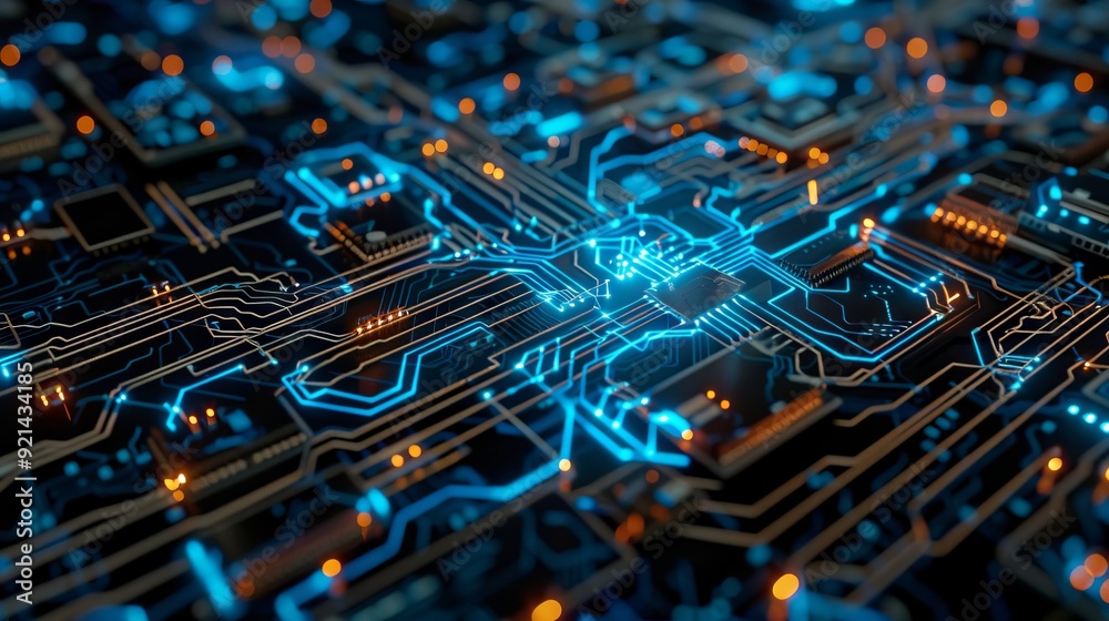 Tech Picture Reference. Abstract Blue Circuit with AI Symbols Tech Picture Reference. Abstract Blue Circuit with AI Symbols